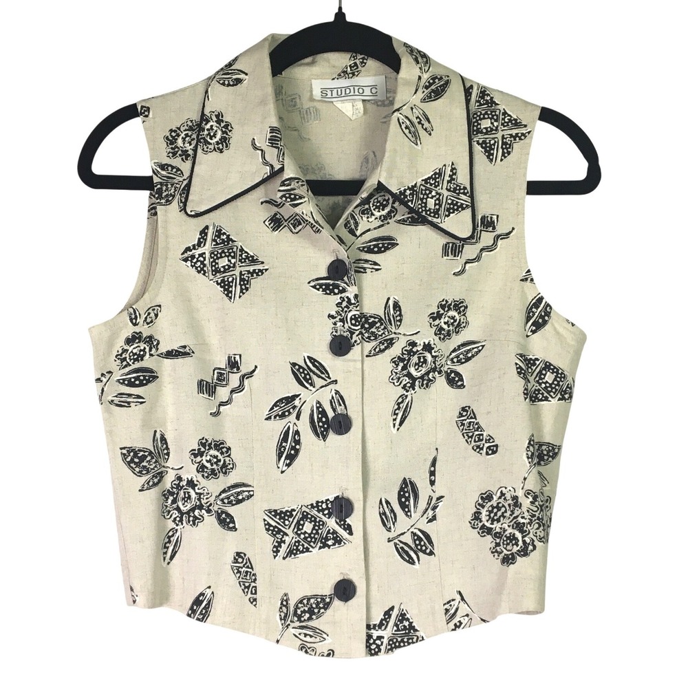 Studio C Vintage Floral Geometric Button Up Vest Top Size 4 Cream Black